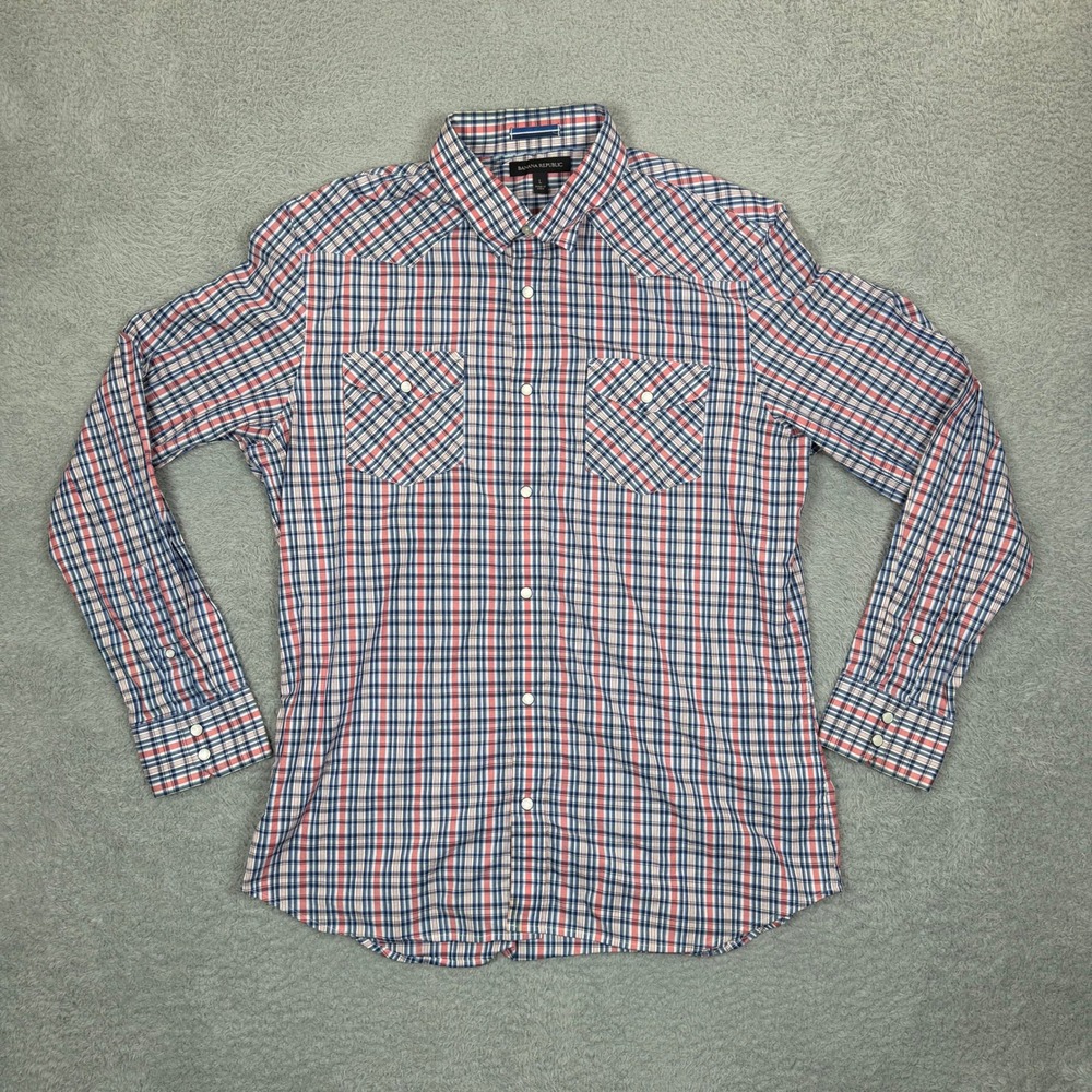 Banana Republic Mens Western Pearl Snap Plaid Shirt Red White Blue Large Stretch - Picture 1 of 12